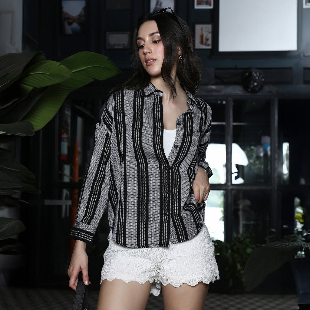 Balanced-Stripe Dobby Oversized Shirt