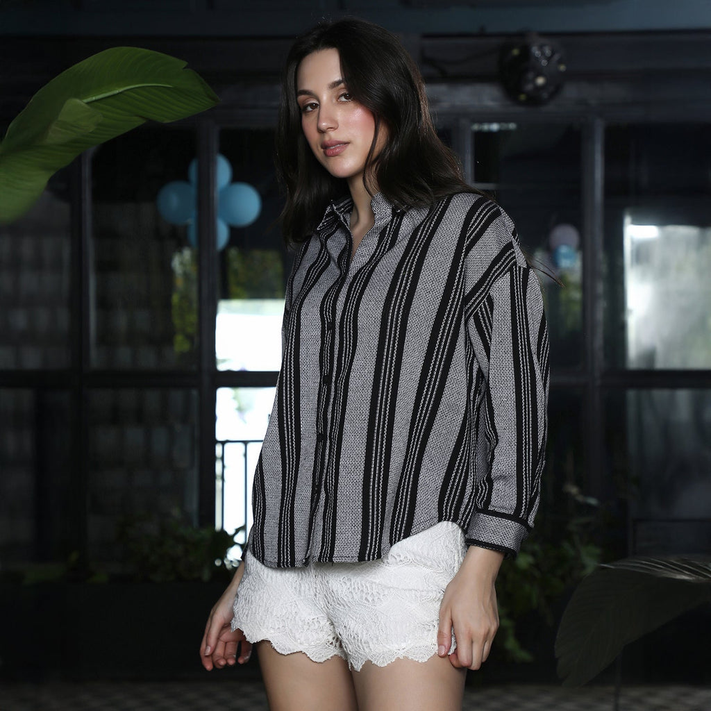 Balanced-Stripe Dobby Oversized Shirt