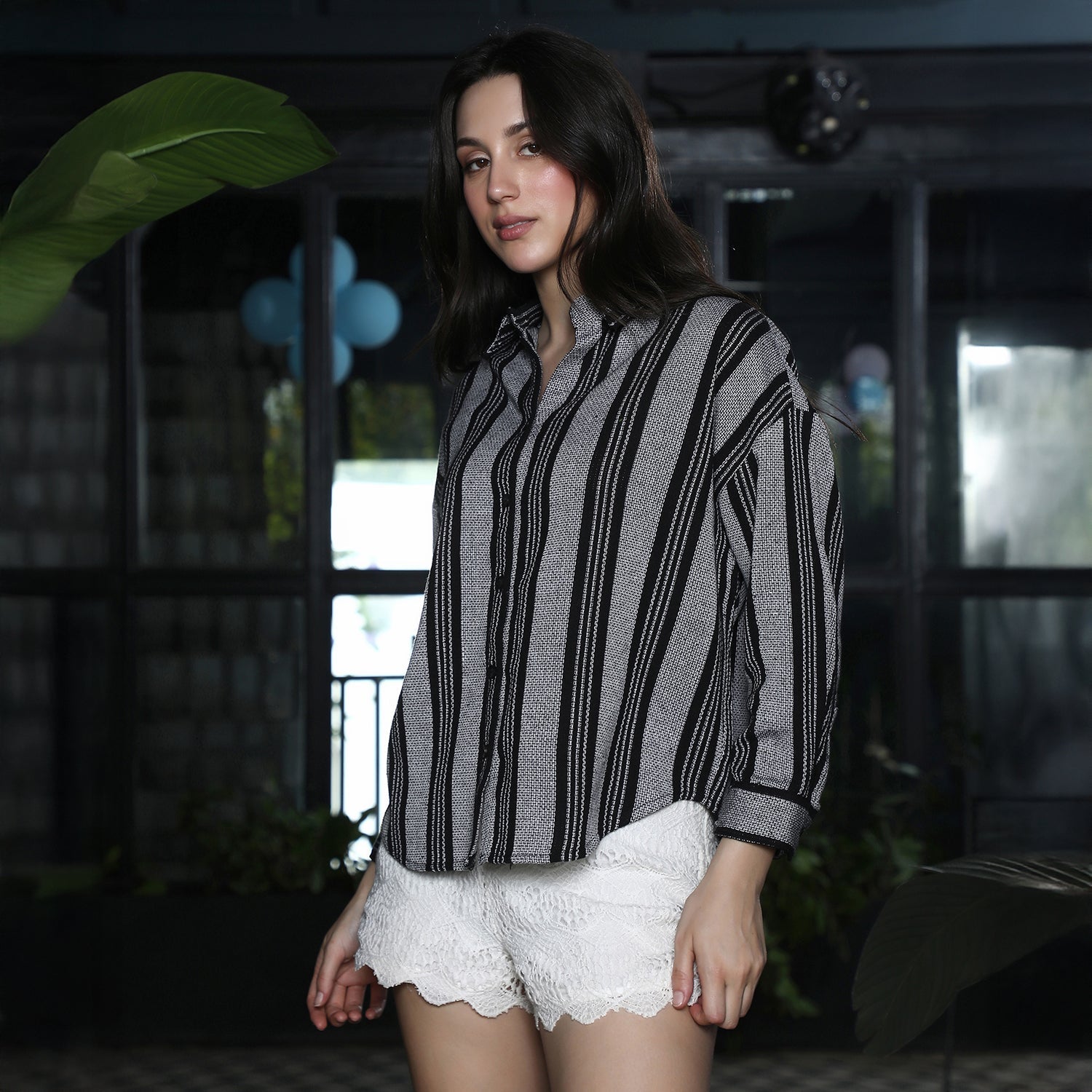 Balanced-Stripe Dobby Oversized Shirt