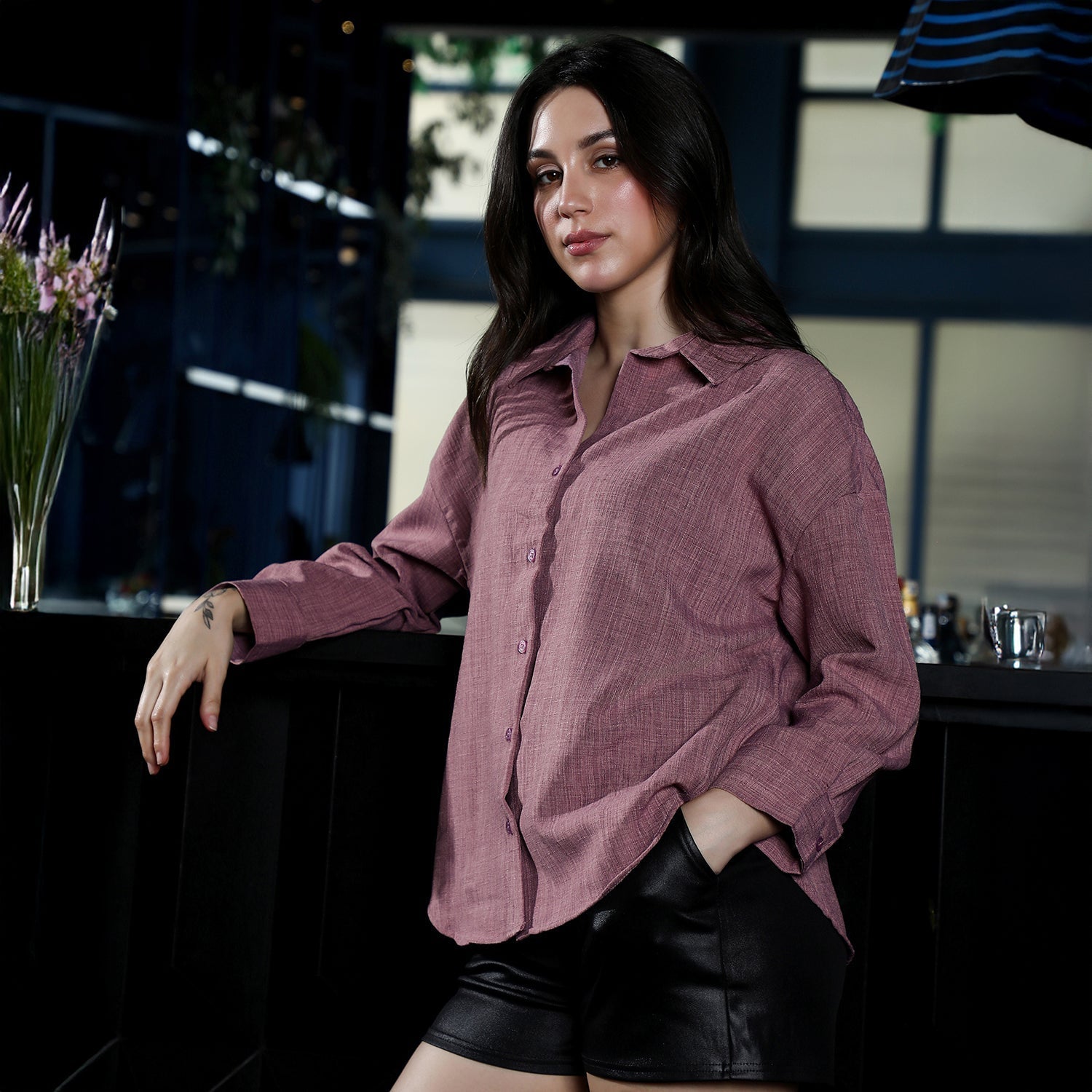 Solid Linen-Blend Oversized Shirt