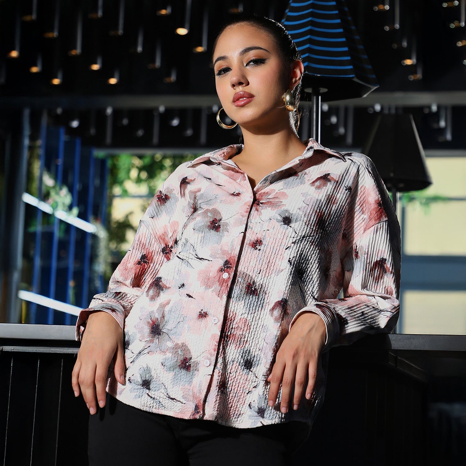 Stained-Flora Textured Oversized Shirt