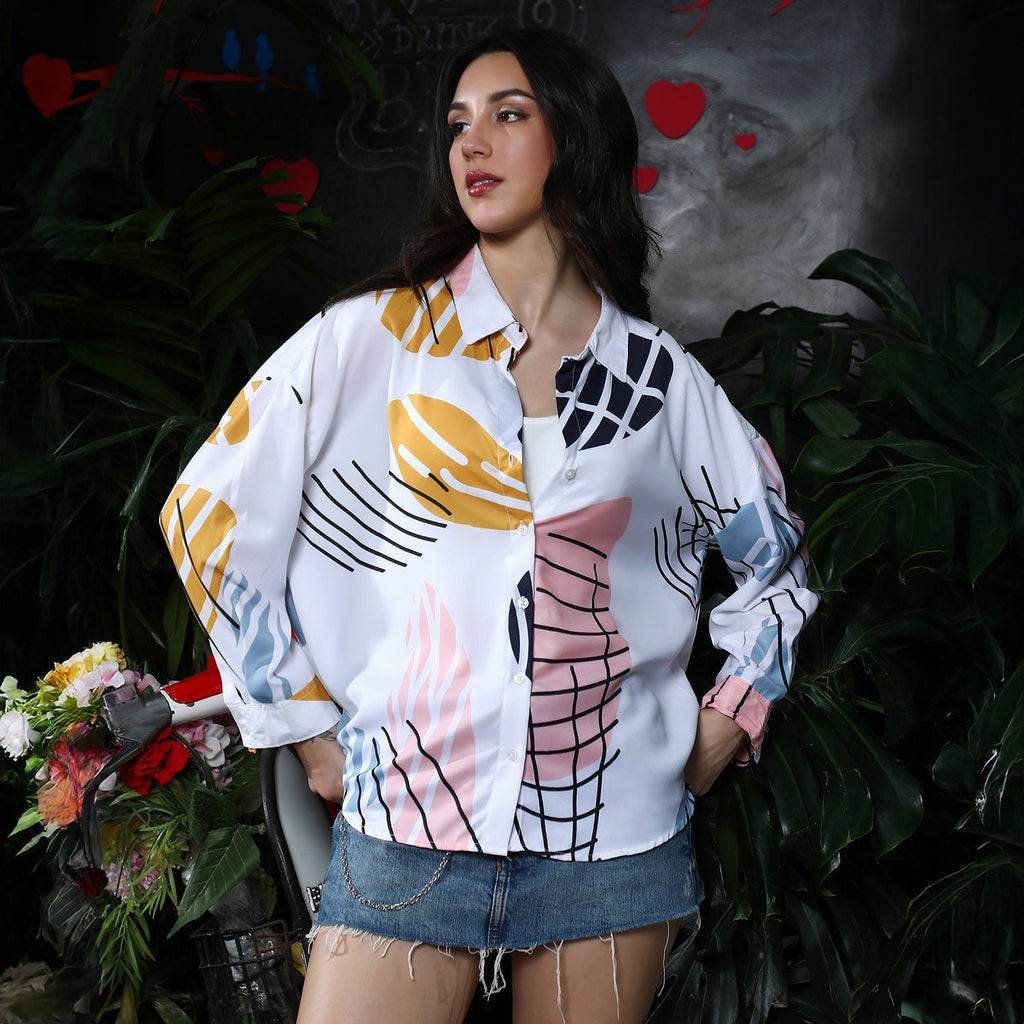 Contrast-Foliage Imprint Oversized Shirt
