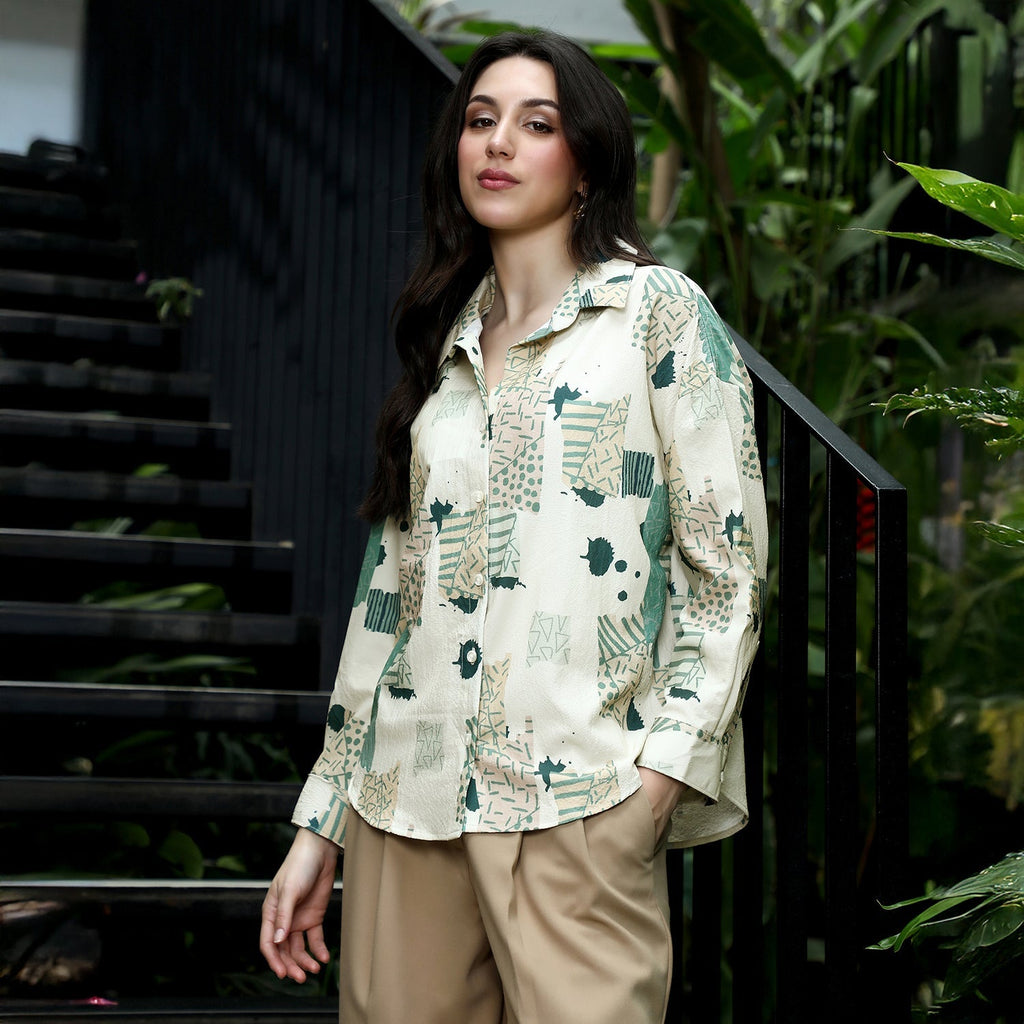 Abstract-Seersucker Oversized Shirt