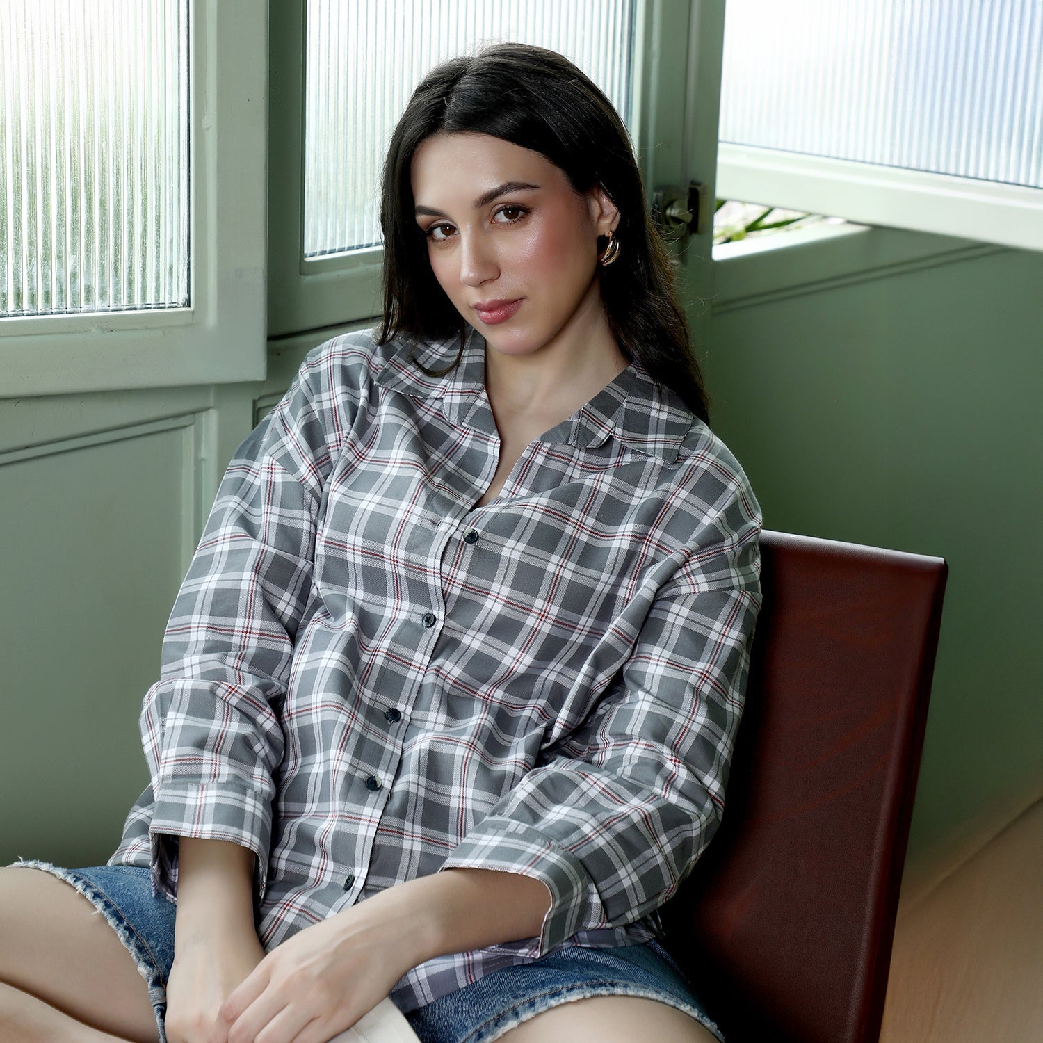 Pin-Plaid Oversized Shirt