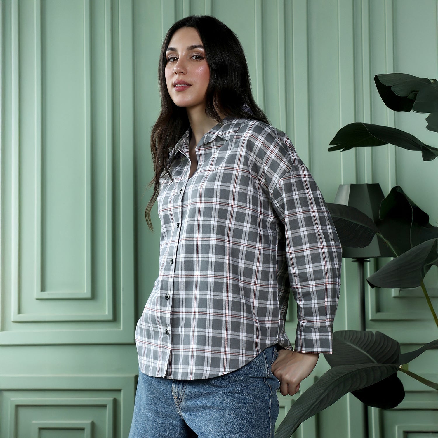 Pin-Plaid Oversized Shirt