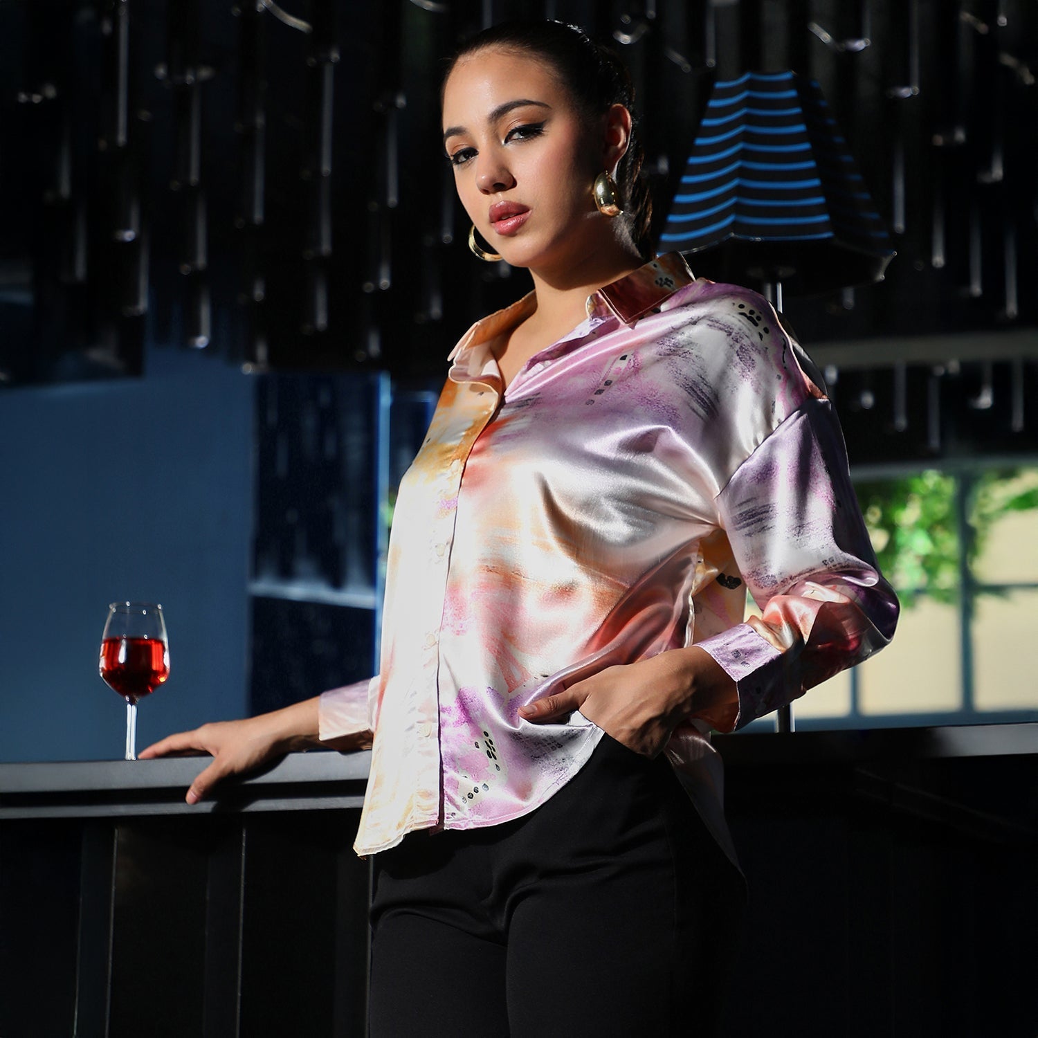 Abstract-Satin Oversized Shirt