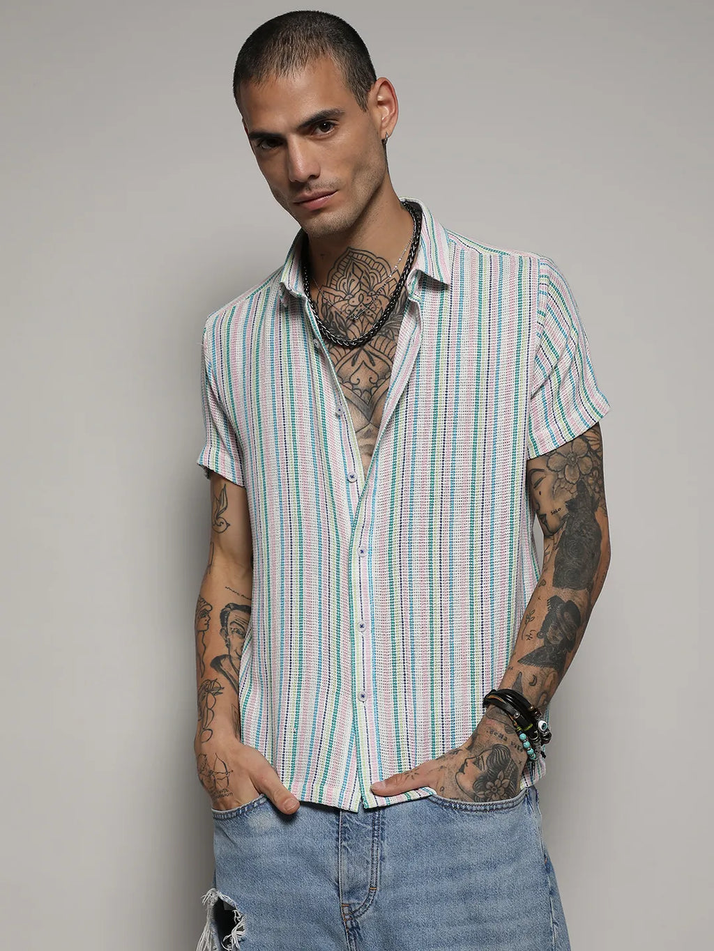 Campus Sutra Unbalanced Striped Woven Shirt