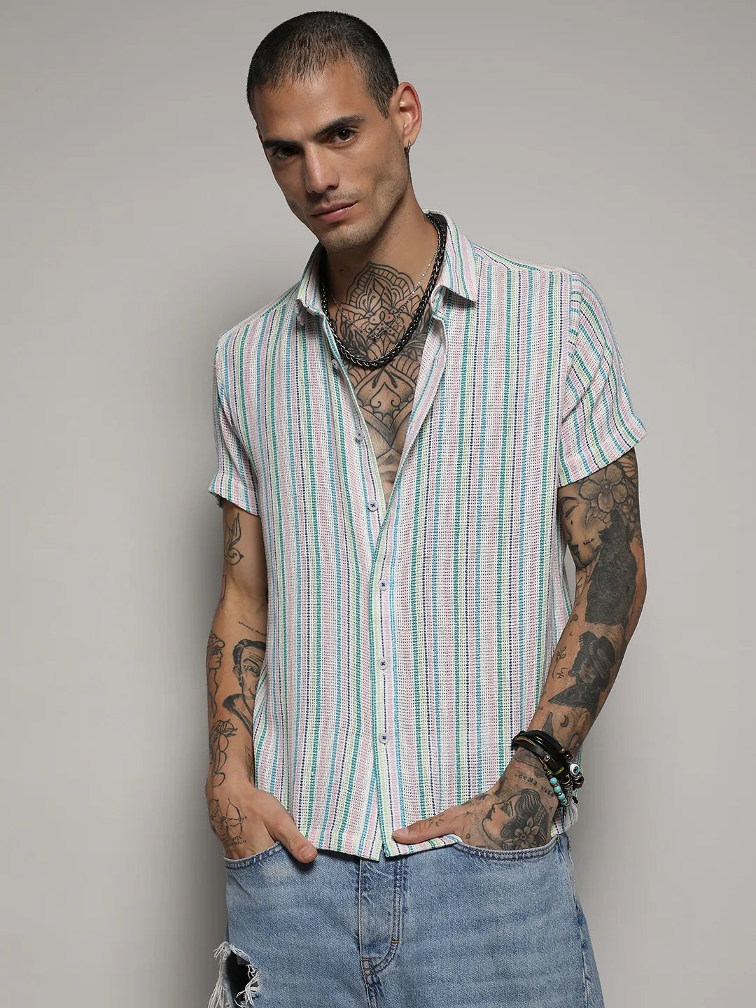 Campus Sutra Unbalanced Striped Woven Shirt