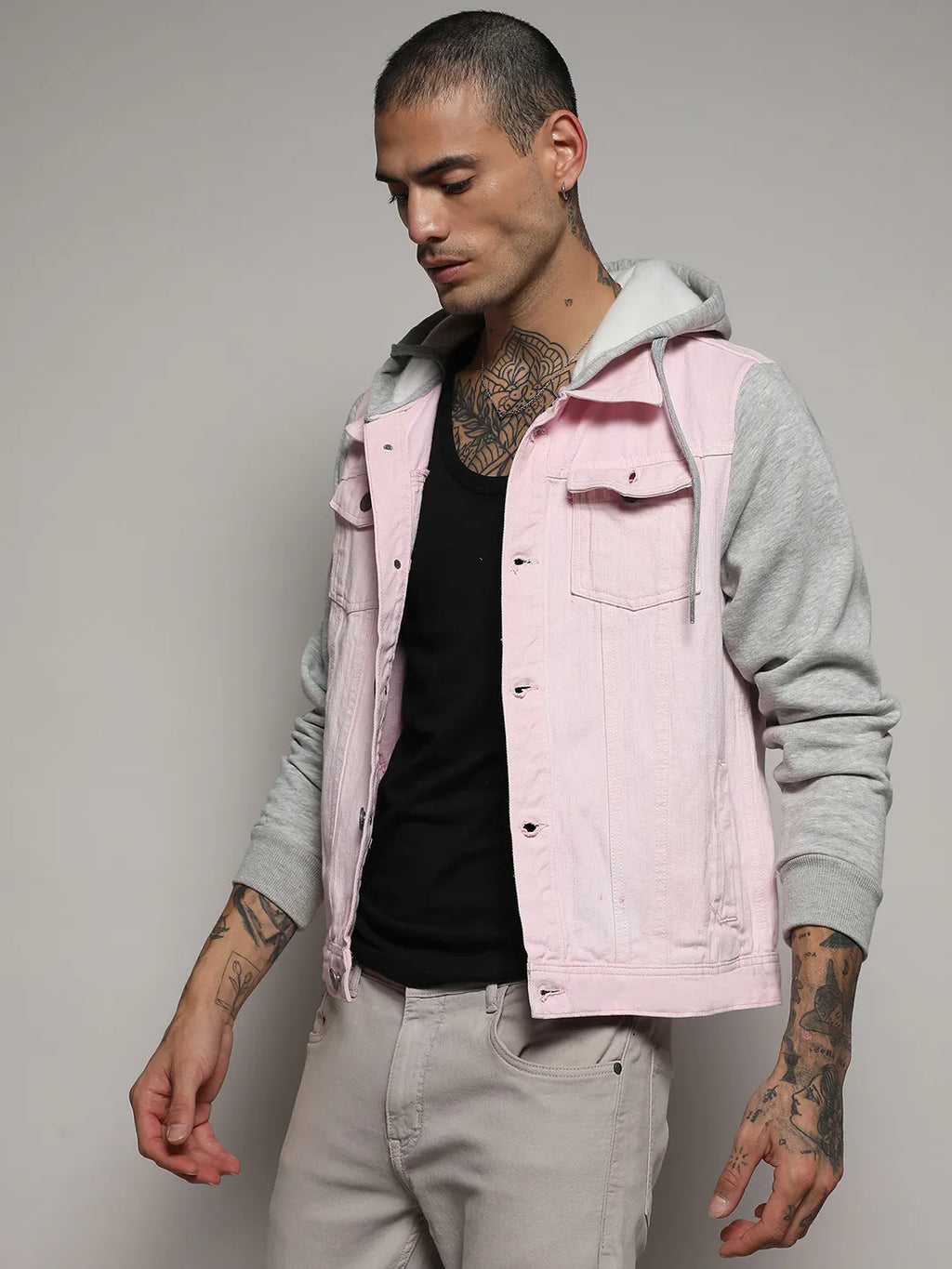 Campus Sutra Medium-Wash Denim Jacket With Sweatshirt Sleeve