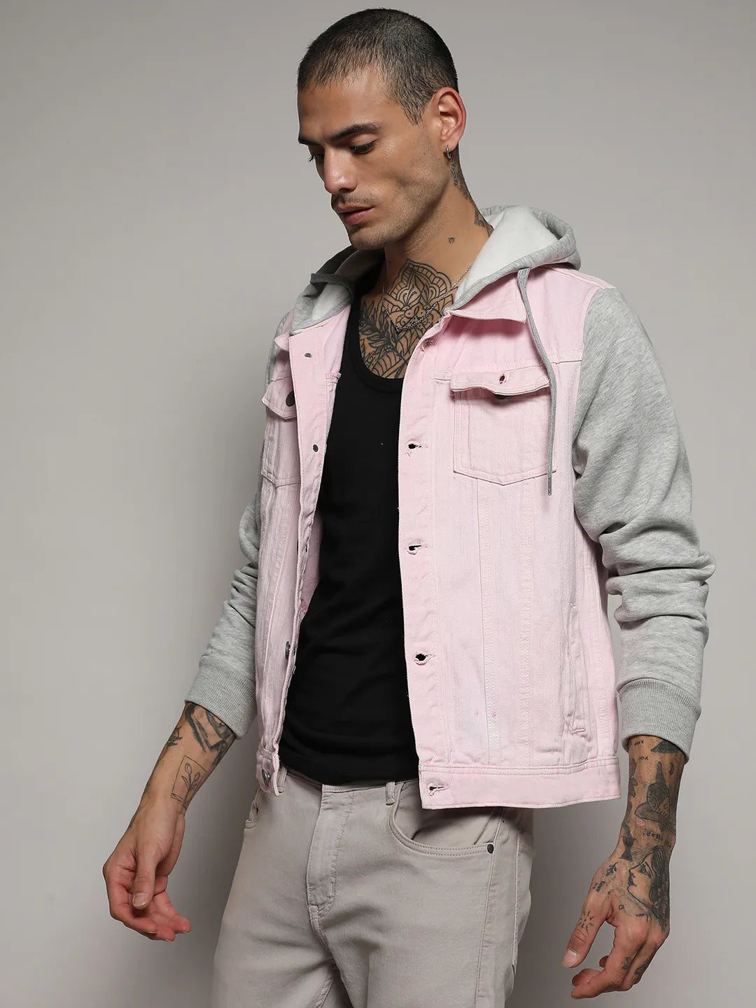 Campus Sutra Medium-Wash Denim Jacket With Sweatshirt Sleeve