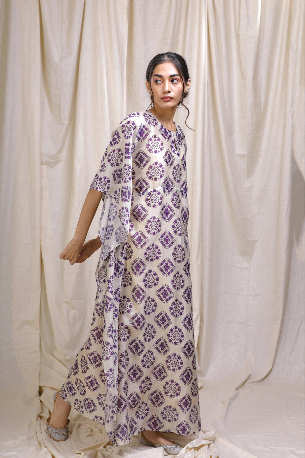 ShopKapaas Purple Block Style Chanderi Kaftan - With Cotton Lining Slip