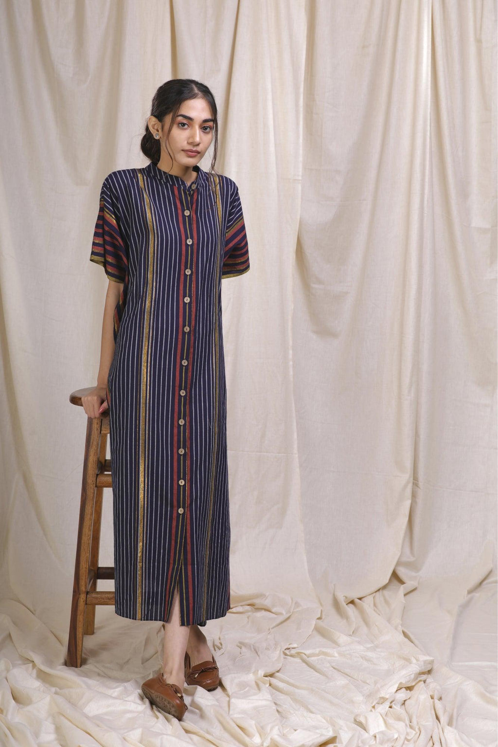 ShopKapaas Indigo Striped Kaftan Dress - With Cotton Lining Slip