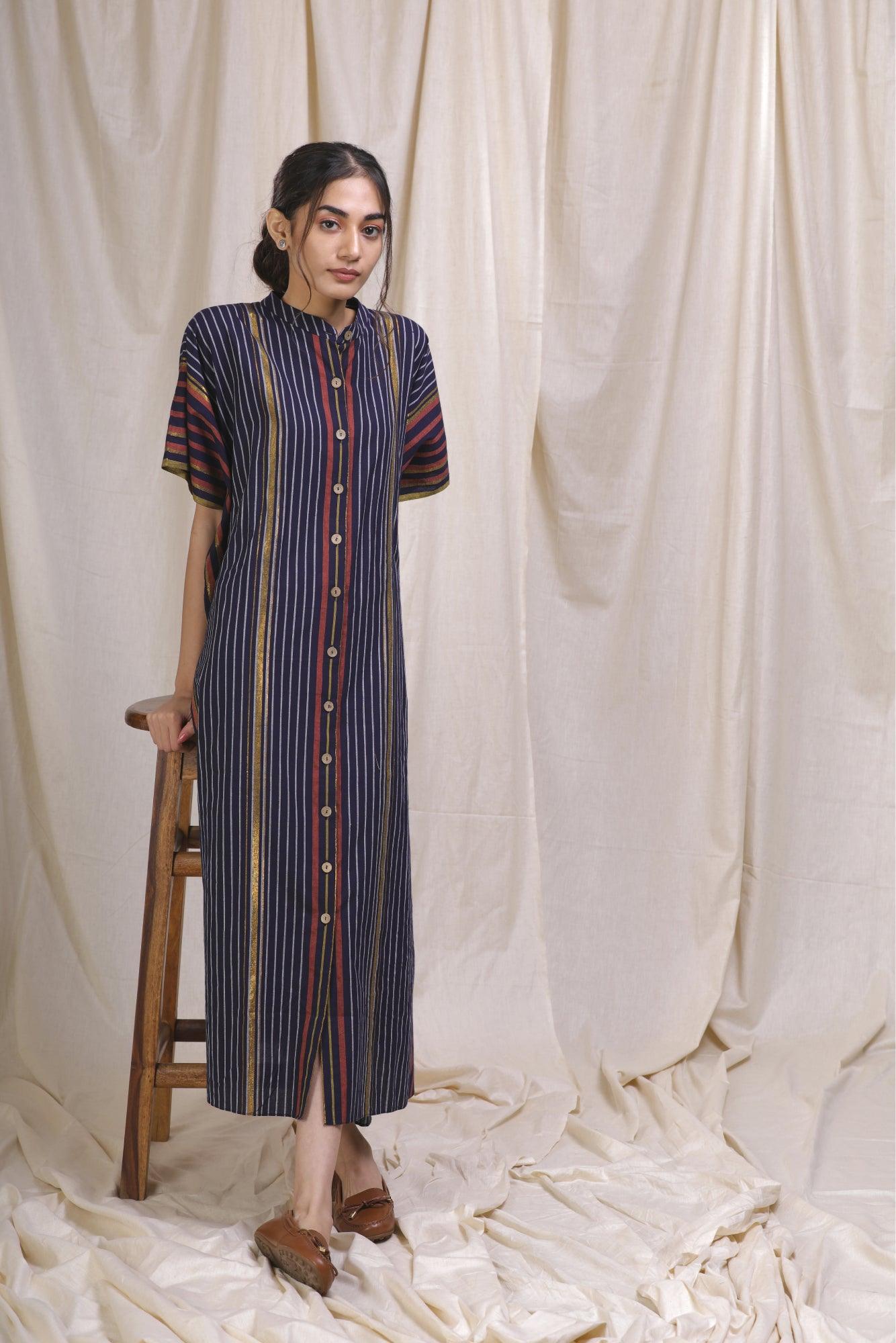 ShopKapaas Indigo Striped Kaftan Dress - With Cotton Lining Slip