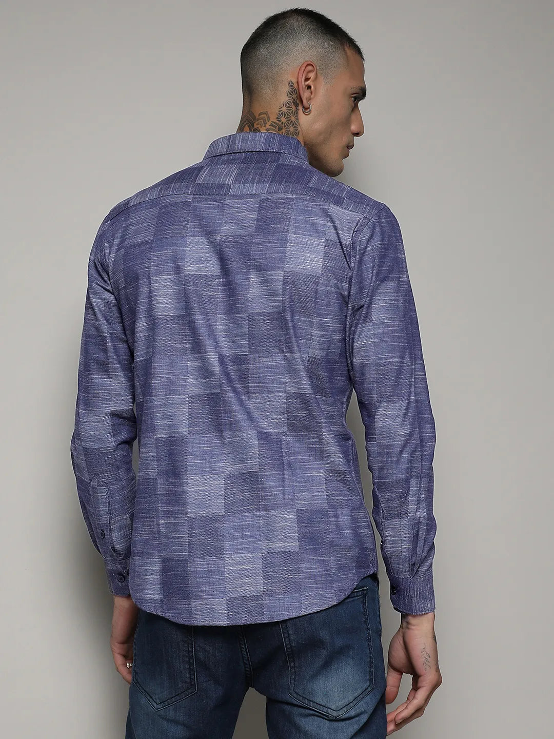 Campus Sutra Heathered Denim Check Shirt