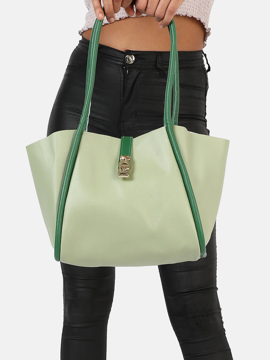 Green Solid Vegan Leather Shoulder Bag