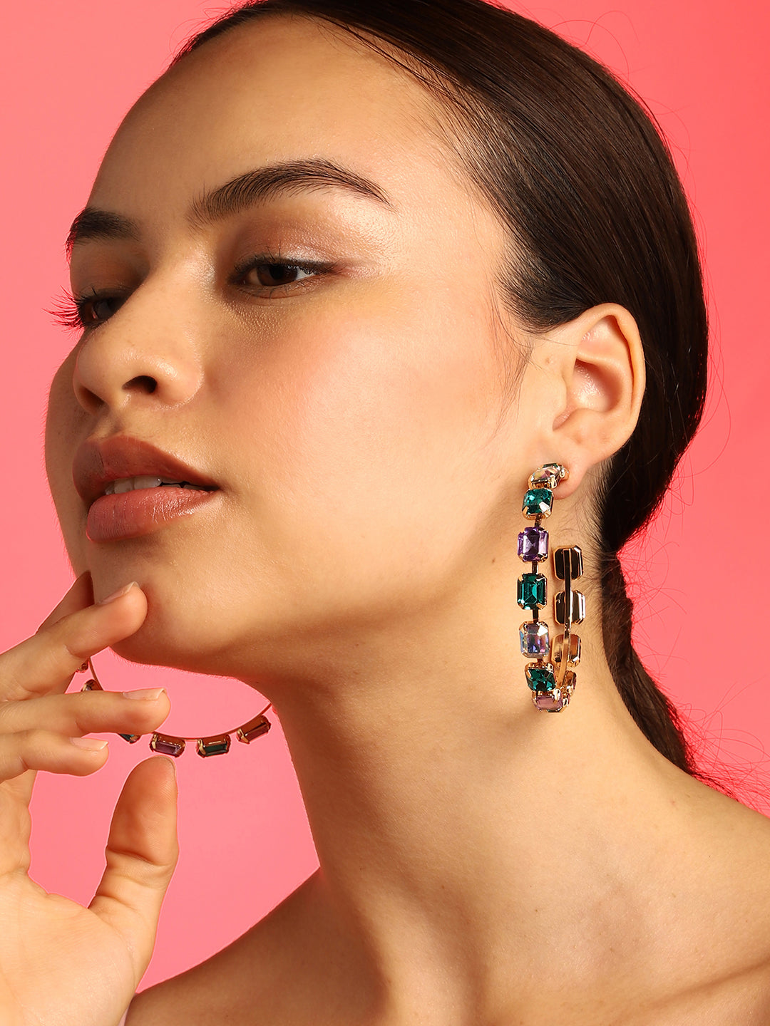 Haute Sauce Women's Cristal-Cluster Hoop Earrings - Emerald Green & Amethsyt Purple