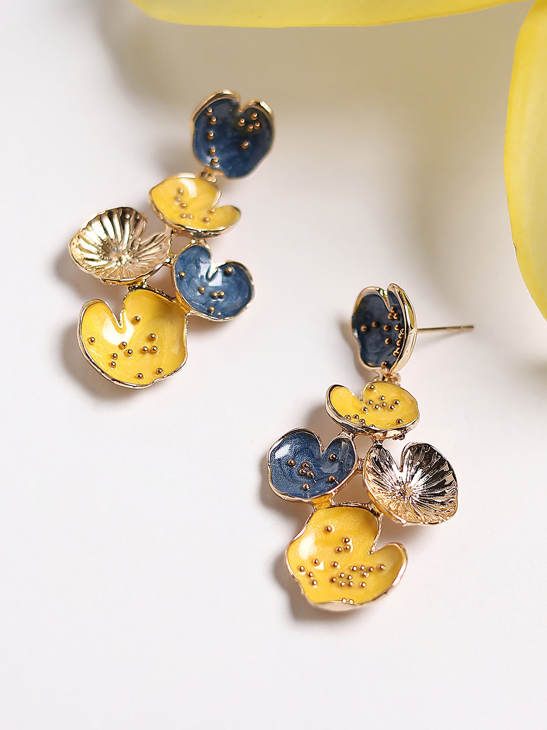 The Lilypad Drop Earrings - Lemon Yellow & Indigo Blue