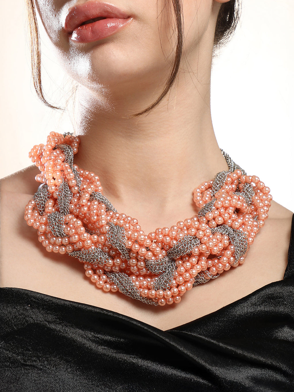 The Braided-Bead Statement Necklace - Peach Pink