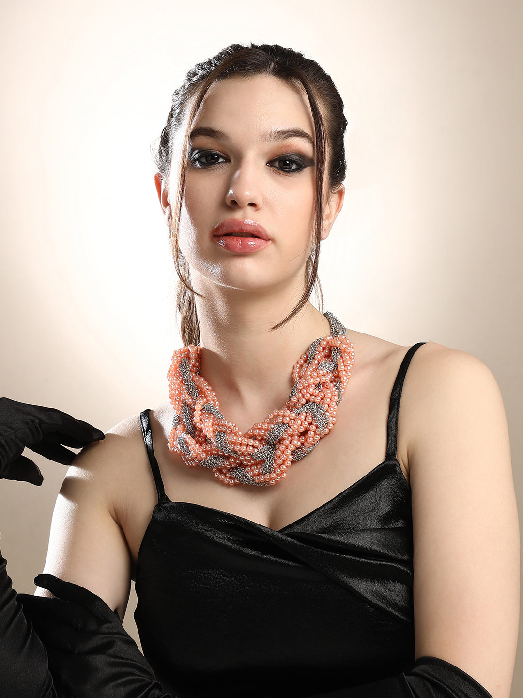 The Braided-Bead Statement Necklace - Peach Pink