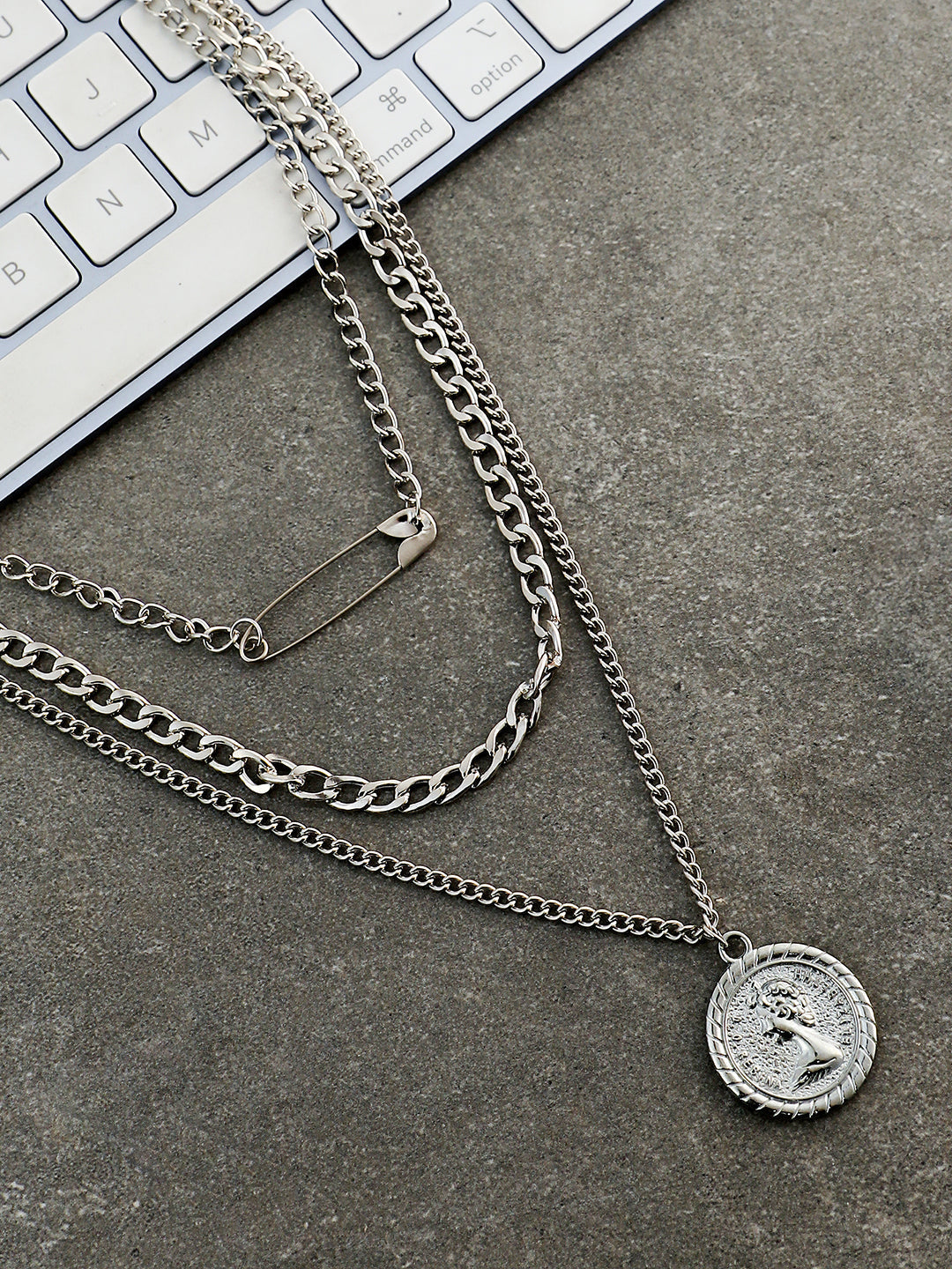 The Pinned-Coin Mult-Layer Necklace - Metallic Silver