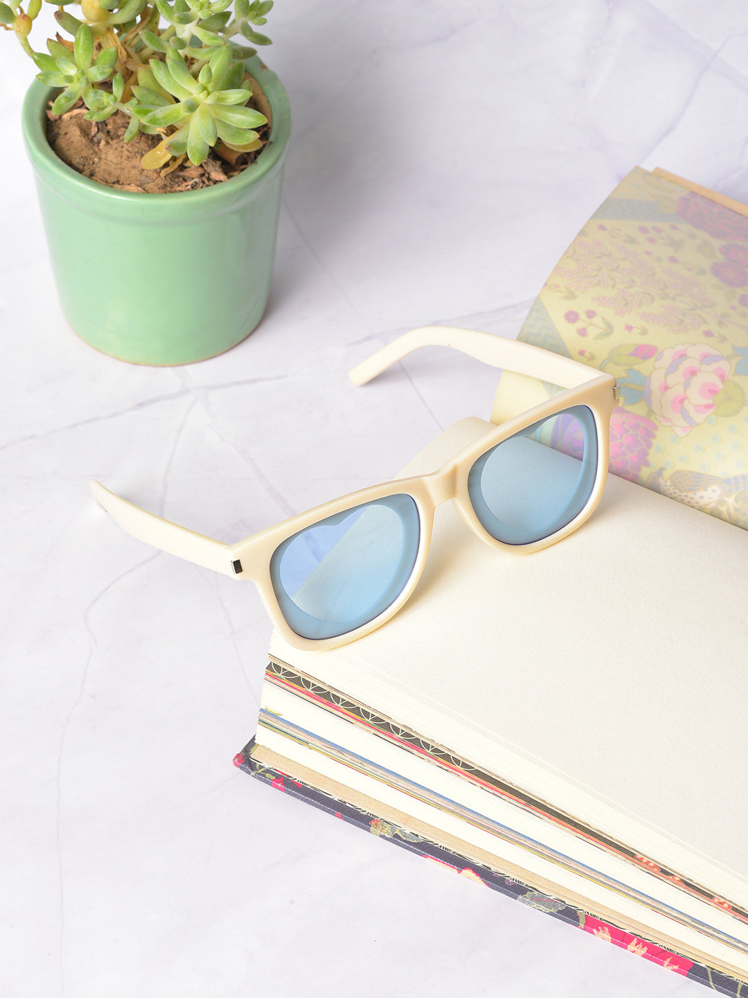 Blue Lens White Square Sunglasses