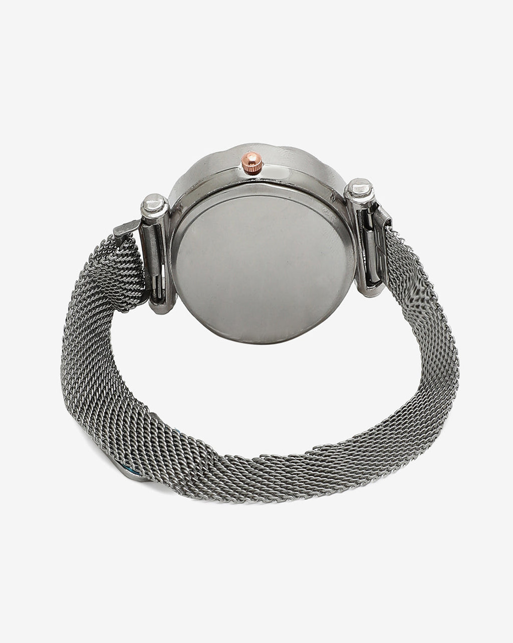 Silver Crystal Stones Analog Round Dial With Silver Metal Mesh Strap