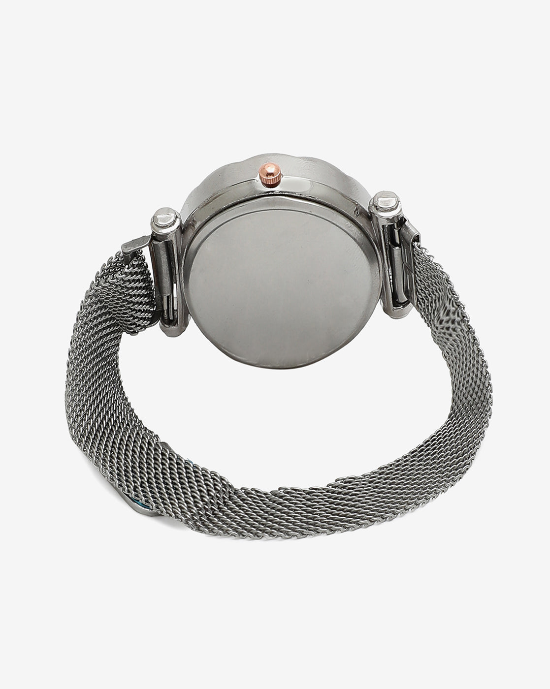 Silver Crystal Stones Analog Round Dial With Silver Metal Mesh Strap