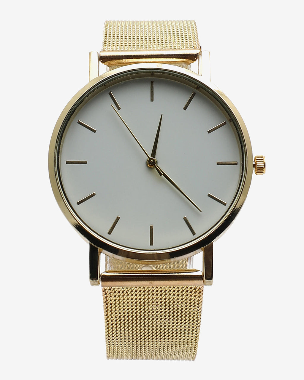 Sleek White Analog Round Dial With Gold Hour Marker & Gold Metal Mesh Strap