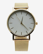Sleek White Analog Round Dial With Gold Hour Marker & Gold Metal Mesh Strap