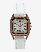 White & Gold Crystal Stone Analog Square Dial With Black Roman Hour Markers & White Leather Strap