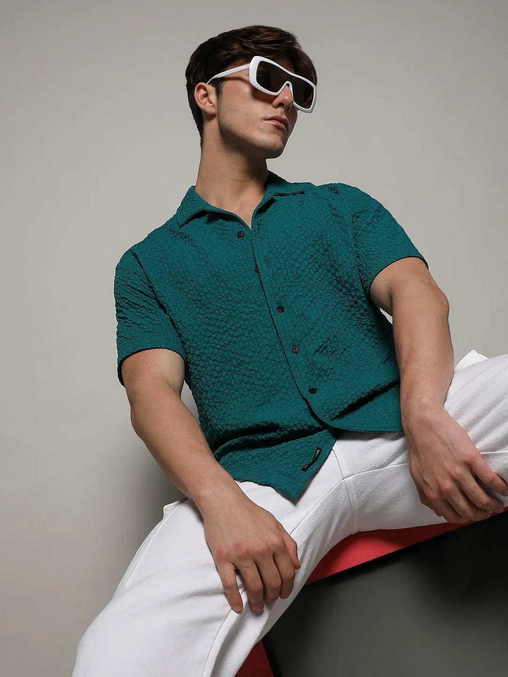 Campus Sutra Self-Design Creased Striped Shirt