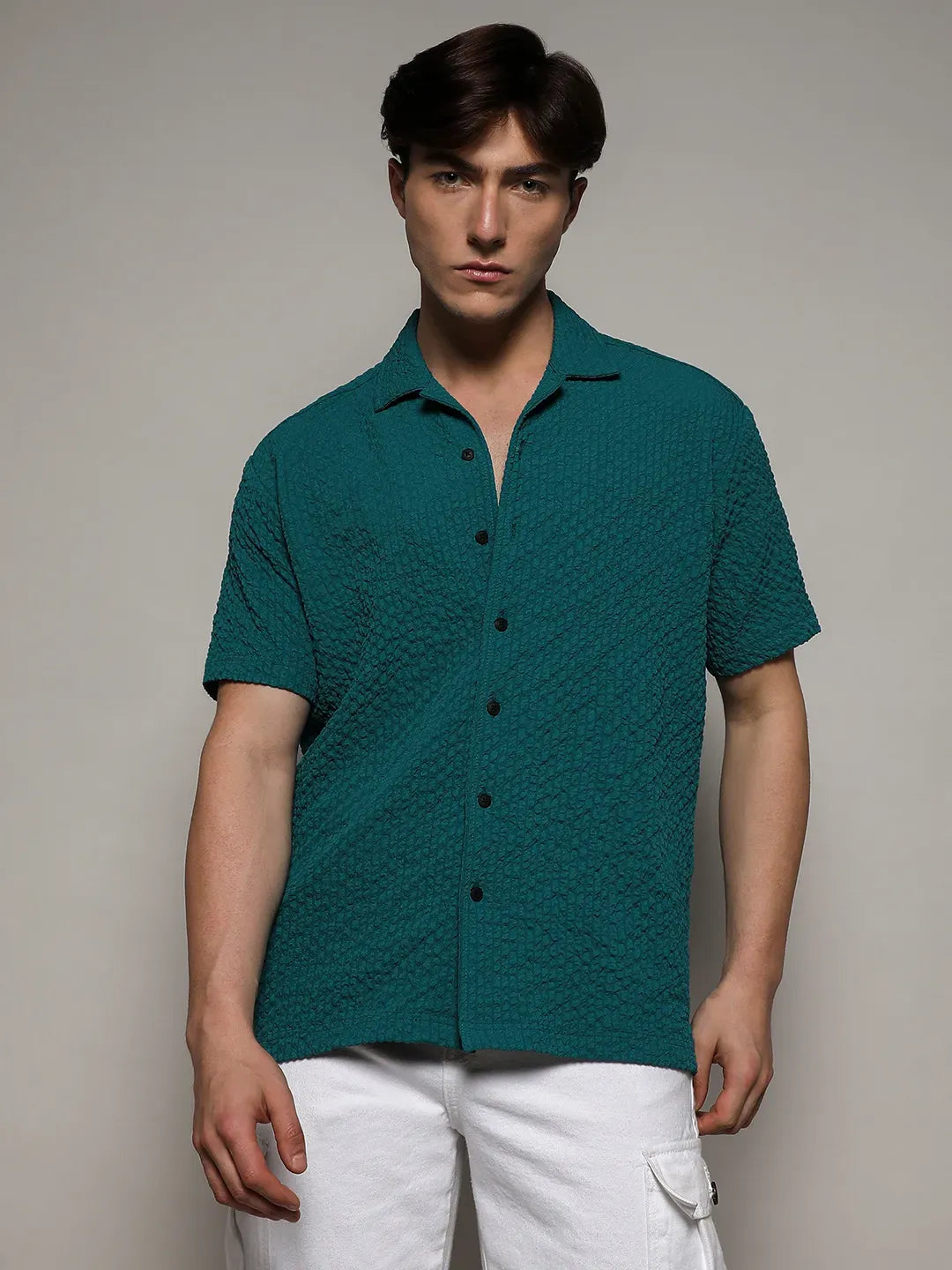 Campus Sutra Self-Design Creased Striped Shirt