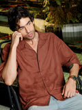 Campus Sutra Men's Rust Self-Design Relaxed Fit Cuban Collar Shirt