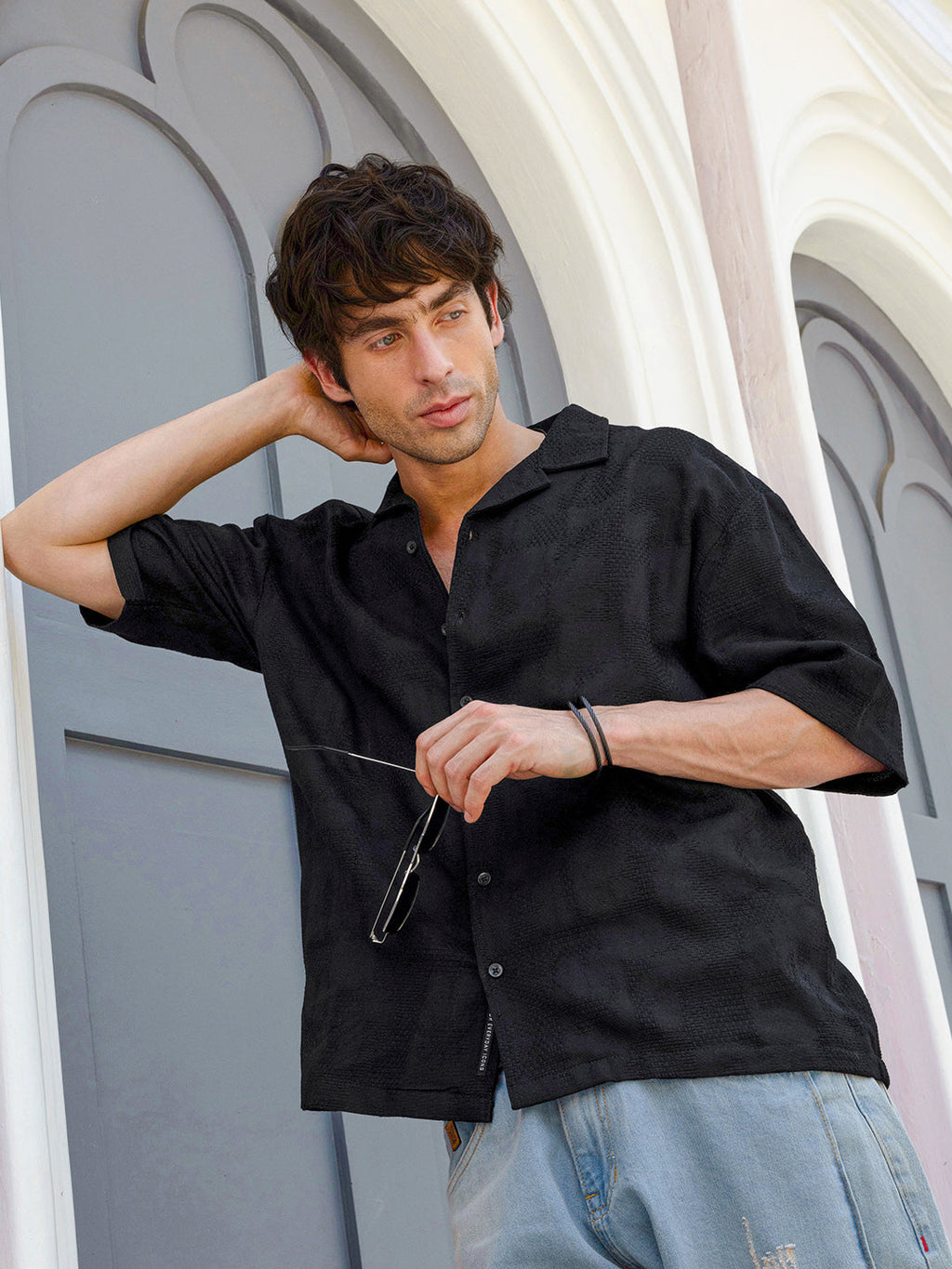 Campus Sutra Men's Textured Cuban Collar Relaxed Fit Shirt