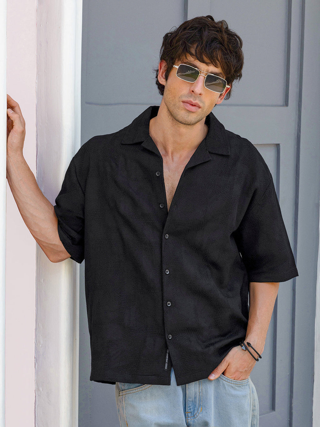 Campus Sutra Men's Textured Cuban Collar Relaxed Fit Shirt