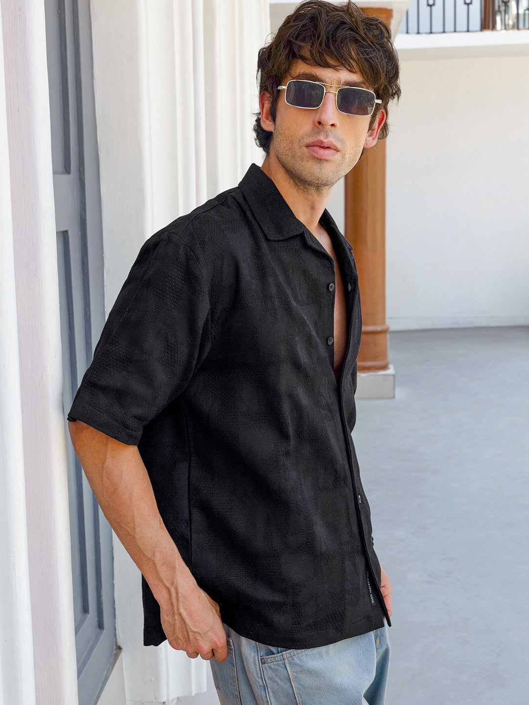 Campus Sutra Men's Textured Cuban Collar Relaxed Fit Shirt