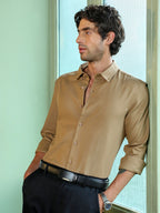 Campus Sutra Men's Solid Khaki Cotton Button-Down Casual Shirt