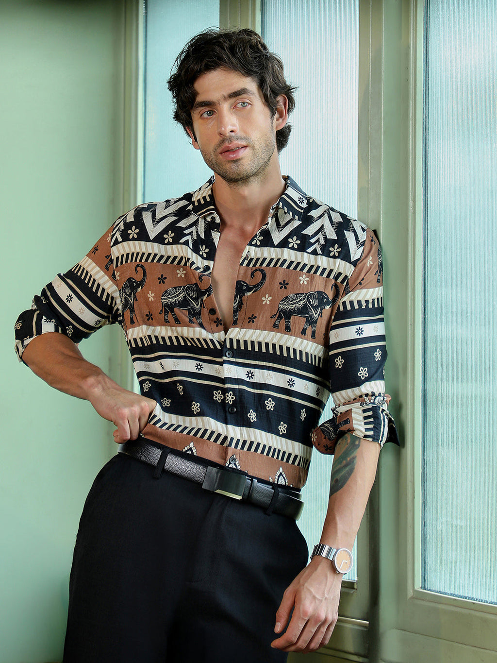 Campus Sutra Men's Ethnic Elephant Print Full Sleeve Casual Shirt