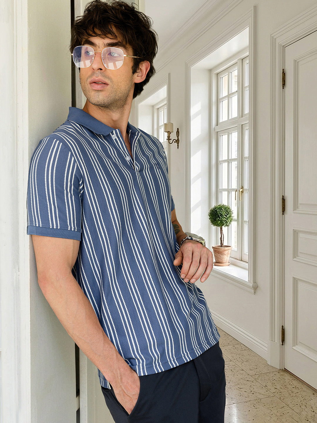 Campus Sutra Men's Blue Vertical Striped Polo T-Shirt