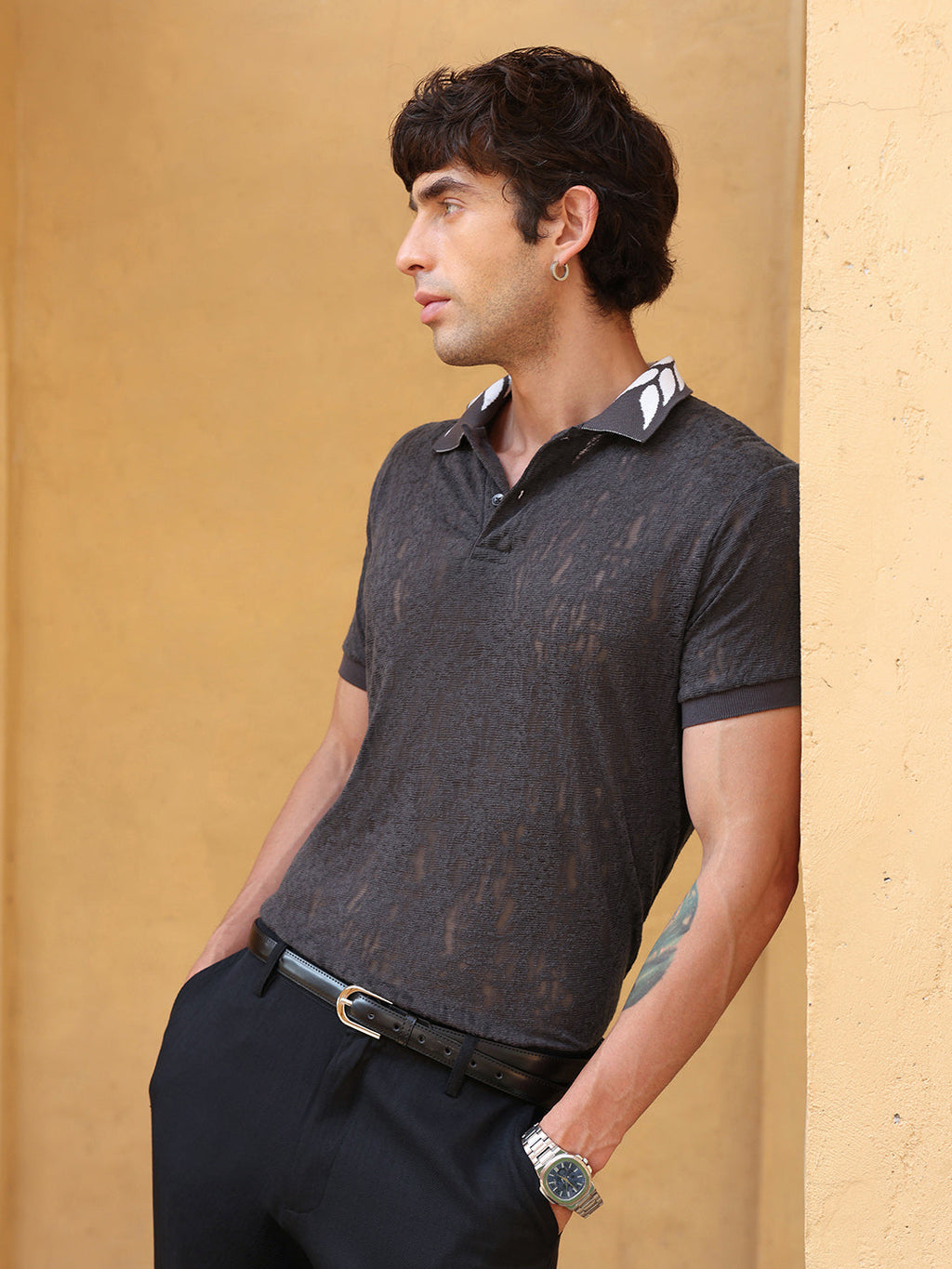Campus Sutra Men's Charcoal Grey Burnout Textured Polo T-shirt