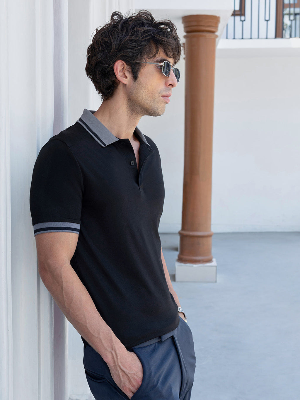 Campus Sutra Men's Black Tipped Polo T-Shirt with Grey Contrast Details