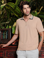 Campus Sutra Men's Beige Solid Zip Neck Half Sleeve T-Shirt