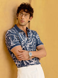 Campus Sutra Men's Navy Blue Abstract Floral Printed Zippered Polo T-Shirt