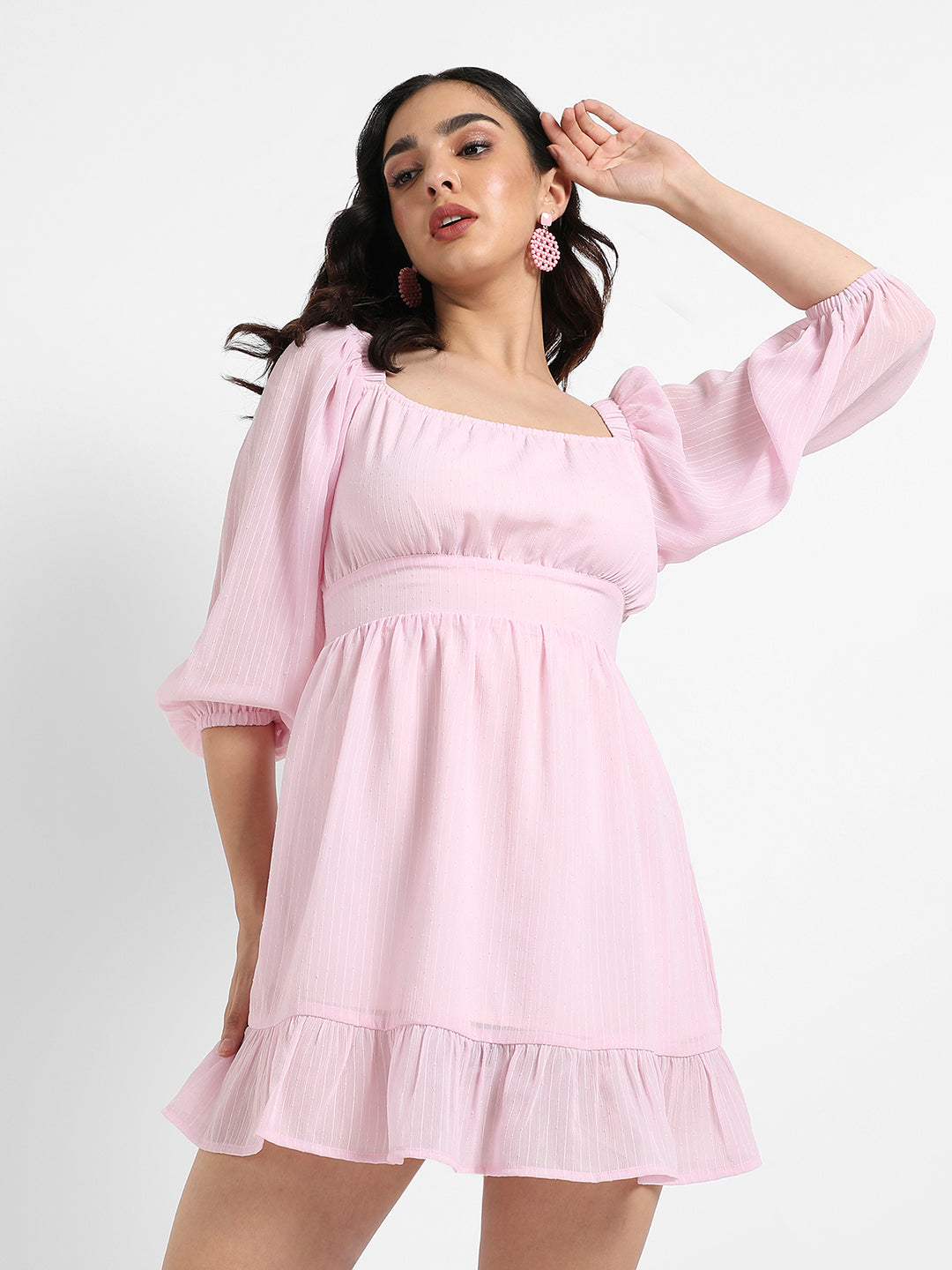 Solid Balloon Sleeve Dress