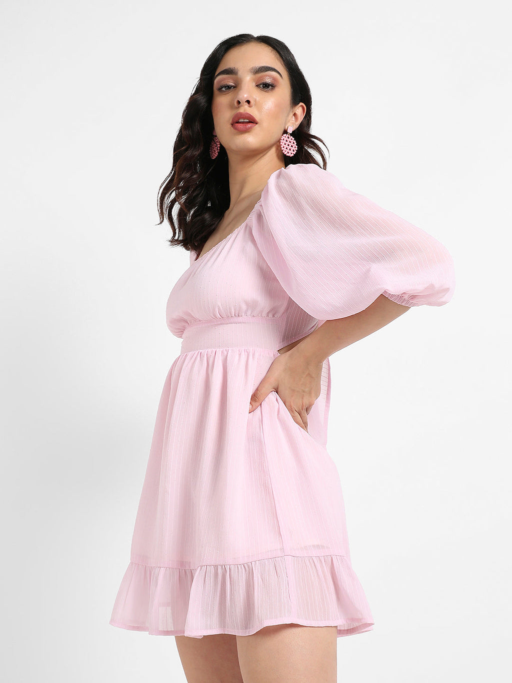 Solid Balloon Sleeve Dress