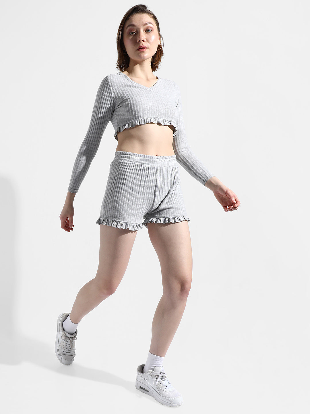 Solid Ribbed Co-Ord Set With Ruffle Detail