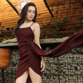 Solid Brown Ruched Mini Dress With Trail
