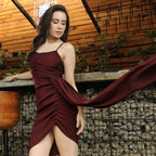Solid Brown Ruched Mini Dress With Trail