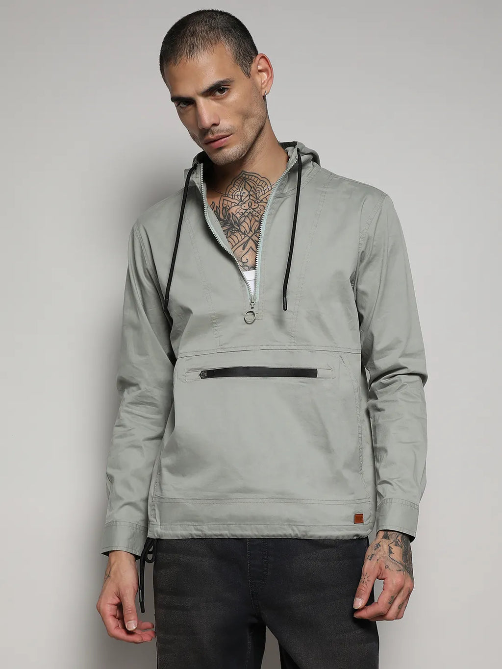 Campus Sutra Half-Zip Utility Jacket With Contrast Drawstring