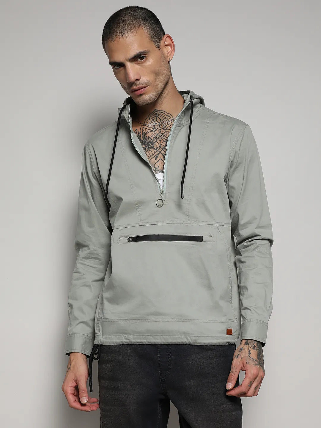Campus Sutra Half-Zip Utility Jacket With Contrast Drawstring